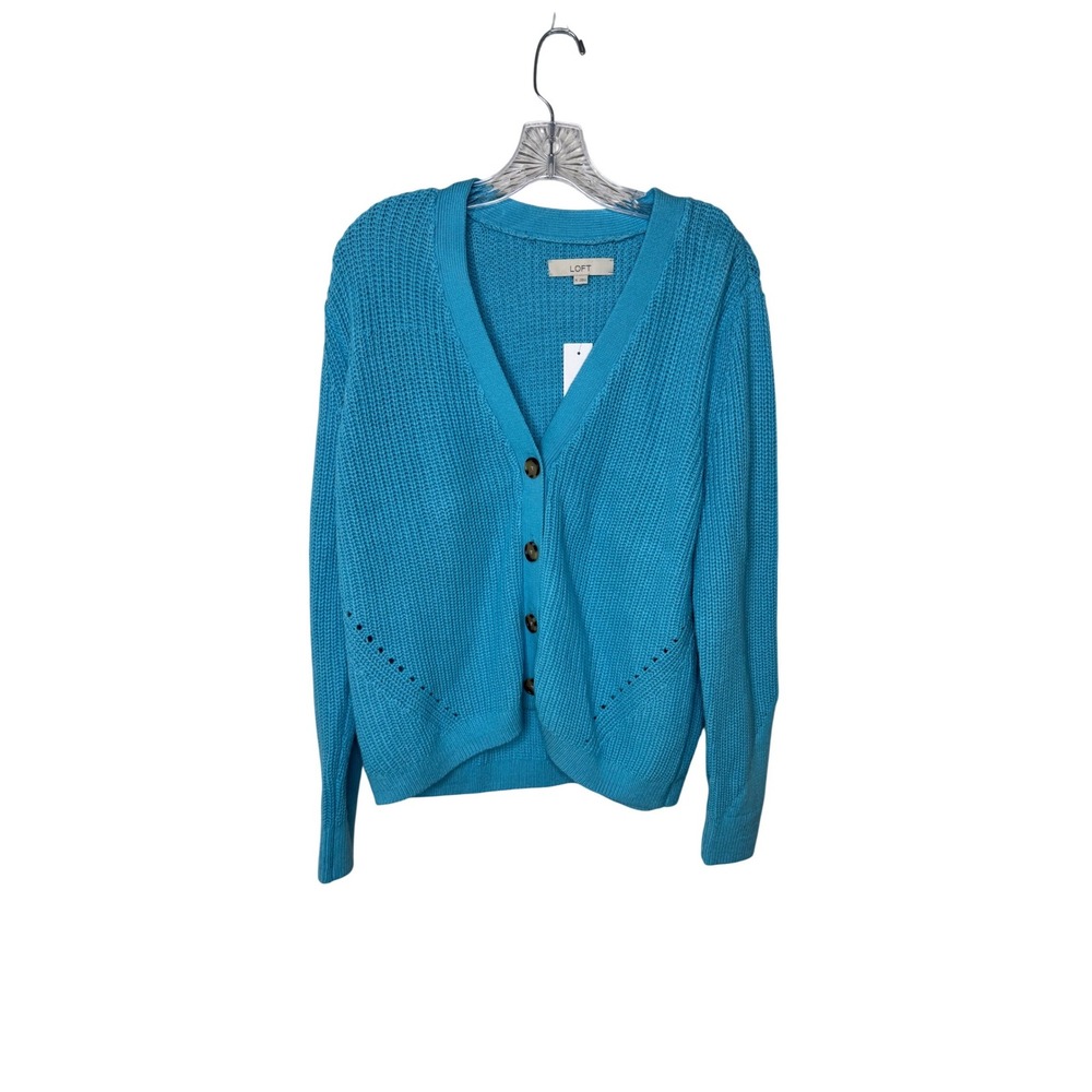 Loft Womens Blue Shaker Knit V-Neck Button‎ Front Cardigan Sweater XL New